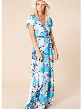 Hale Bob Blue Floral Wrap Maxi Dress